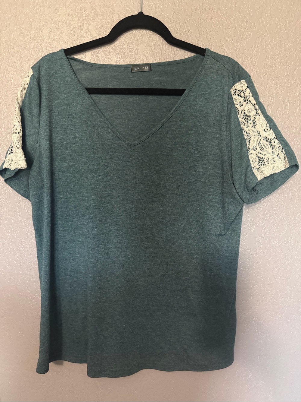 Charming Lace-Shoulder V-Neck Top - Teal by Unknown Brand
